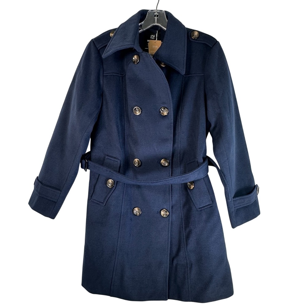 Wantdo Womens Navy Blue Double Breasted Trench Coat Belted Mid Length Size M NEW